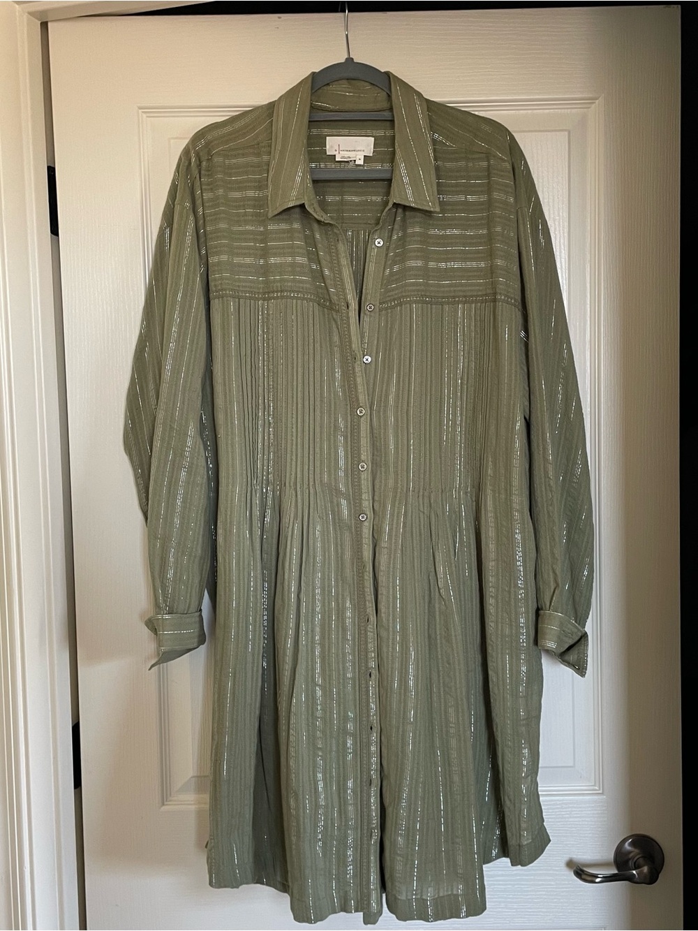 Anthropologie Pin tuck Metallic-Strip Shirt Dress